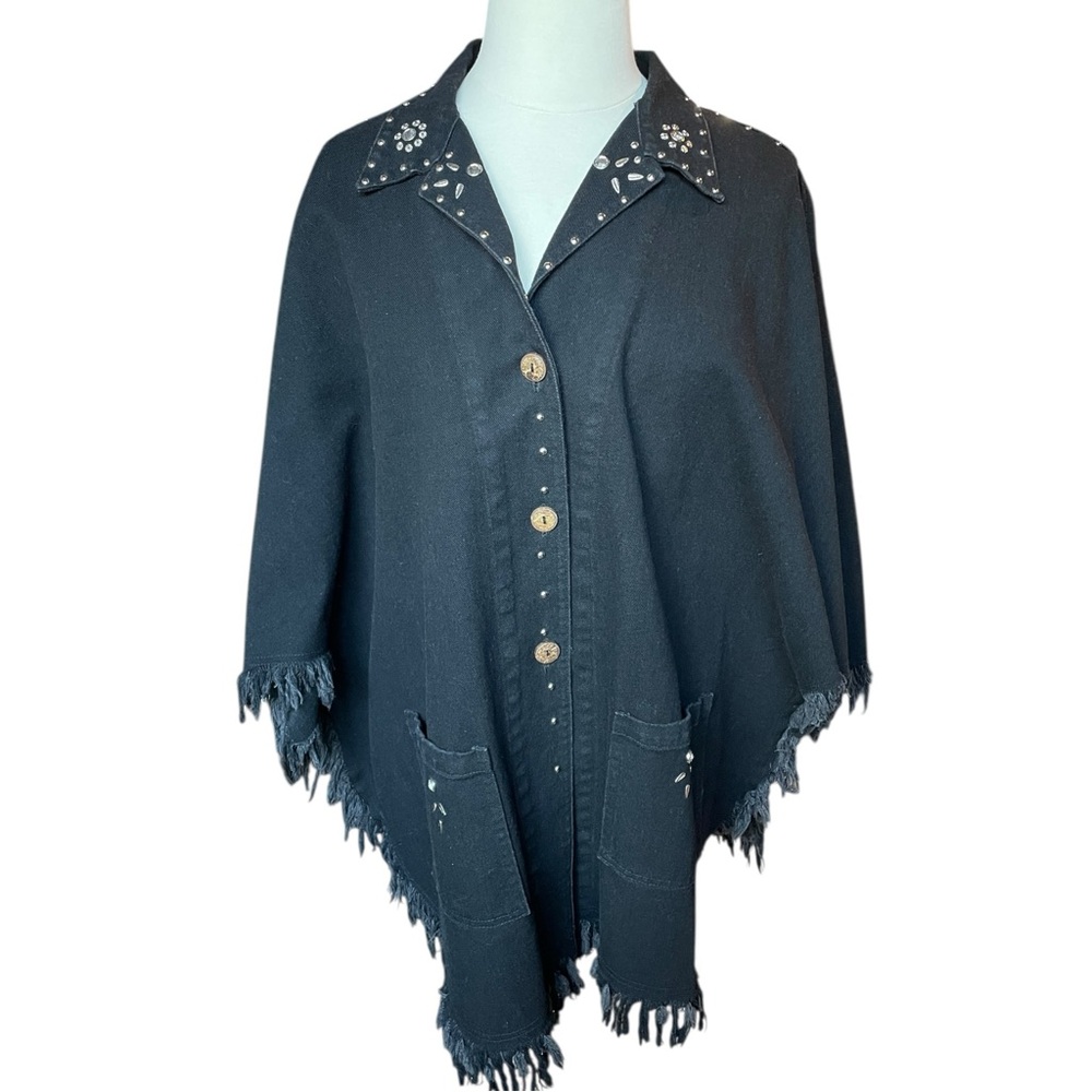 Rama Black Denim Button-Up Poncho Women’s Size XL Rhinestones Embellished Fringe